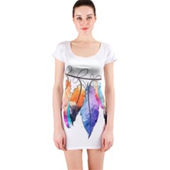 Watercolor Feathers Short Sleeve Bodycon Dress