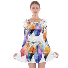 Watercolor Feathers Long Sleeve Skater Dress