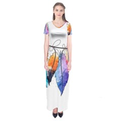 Watercolor Feathers Short Sleeve Maxi Dress