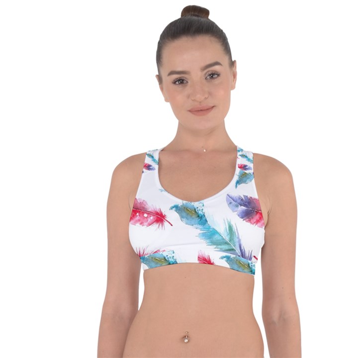 Watercolor Feather Background Cross String Back Sports Bra