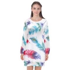 Watercolor Feather Background Long Sleeve Chiffon Shift Dress 