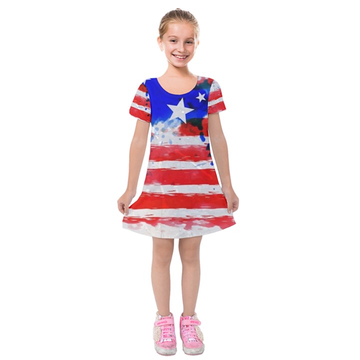 Watercolor Flag Kids  Short Sleeve Velvet Dress