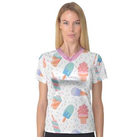 Hand Drawn Ice Creams Pattern In Pastel Colorswith Pink Watercolor Texture  Women s V-neck Sport Mesh Tee by LimeGreenFlamingo