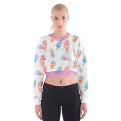 Hand Drawn Ice Creams Pattern In Pastel Colorswith Pink Watercolor Texture  Cropped Sweatshirt by LimeGreenFlamingo