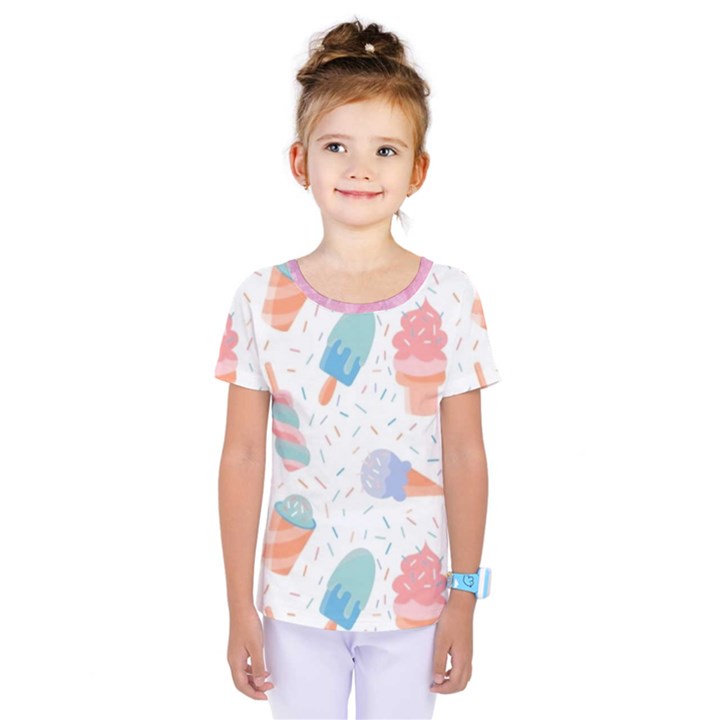 Hand Drawn Ice Creams Pattern In Pastel Colorswith Pink Watercolor Texture  Kids  One Piece Tee