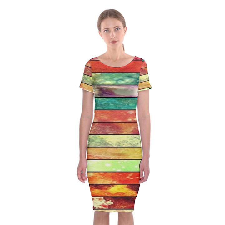 Stripes Color Oil Classic Short Sleeve Midi Dress