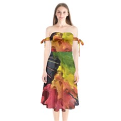 Green Yellow Red Maple Leaf Shoulder Tie Bardot Midi Dress by BangZart