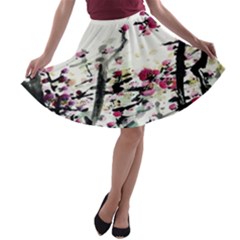 Pink Flower Ink Painting Art A-line Skater Skirt by BangZart