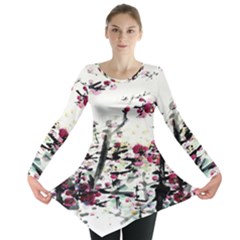 Pink Flower Ink Painting Art Long Sleeve Tunic  by BangZart