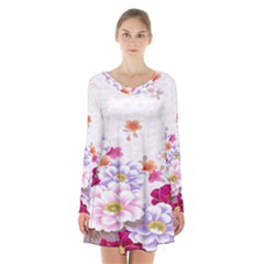 Sweet Flowers Long Sleeve Velvet V-neck Dress by BangZart