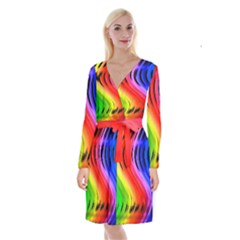 Colorful Vertical Lines Long Sleeve Velvet Front Wrap Dress by BangZart