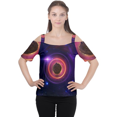 The Little Astronaut On A Tiny Fractal Planet Women s Cutout Shoulder Tee by jayaprime