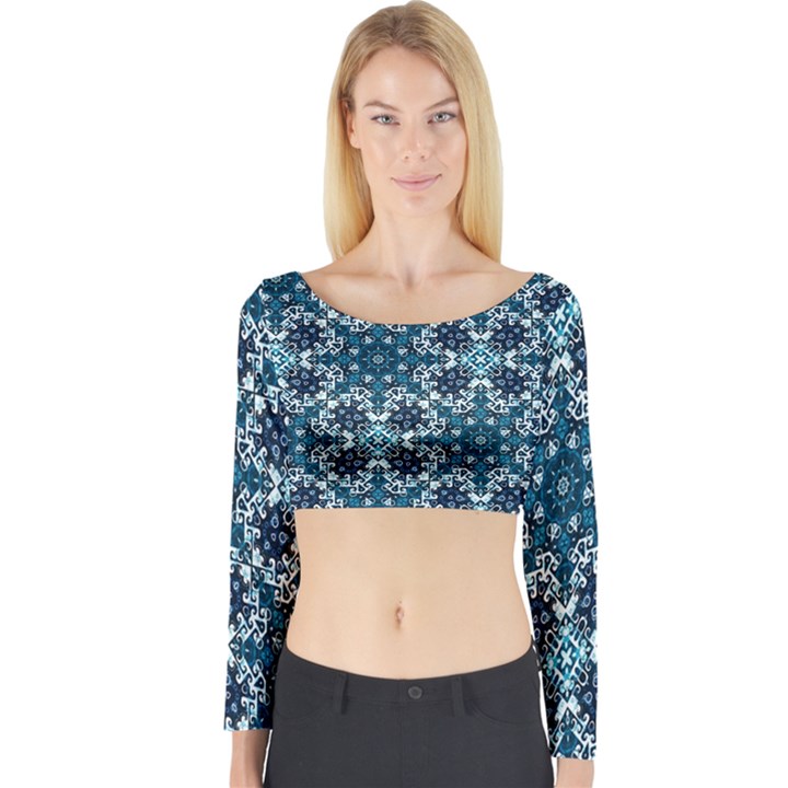 Boho Blue Fancy Tile Pattern Long Sleeve Crop Top