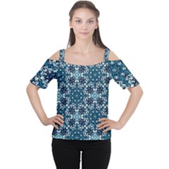 Boho Blue Fancy Tile Pattern Women s Cutout Shoulder Tee