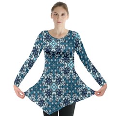 Boho Blue Fancy Tile Pattern Long Sleeve Tunic 