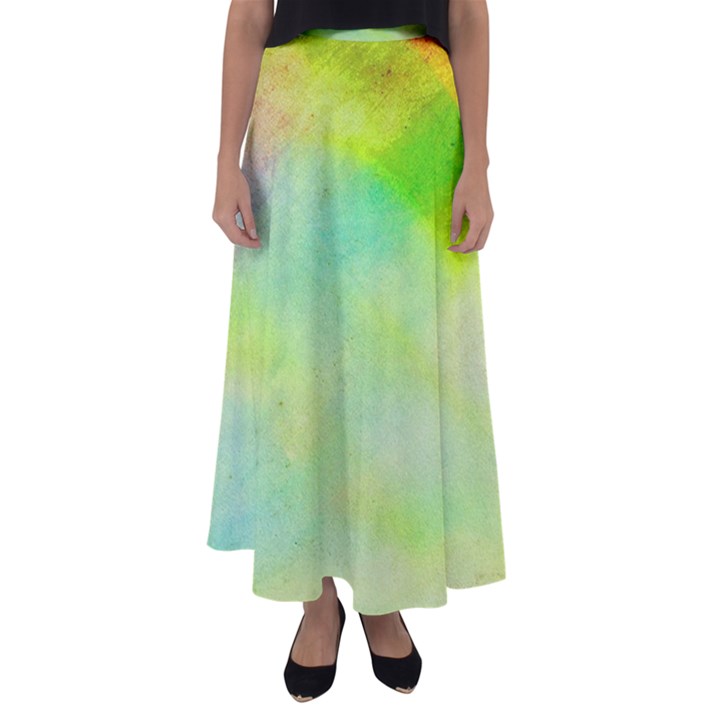 Abstract Yellow Green Oil Flared Maxi Skirt