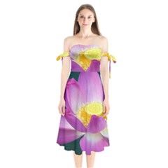 Pink Lotus Flower Shoulder Tie Bardot Midi Dress by BangZart