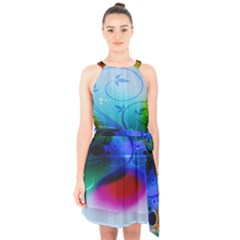 Abstract Color Plants Halter Collar Waist Tie Chiffon Dress by BangZart