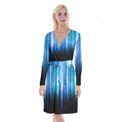 Blue Abstract Vectical Lines Long Sleeve Velvet Front Wrap Dress by BangZart