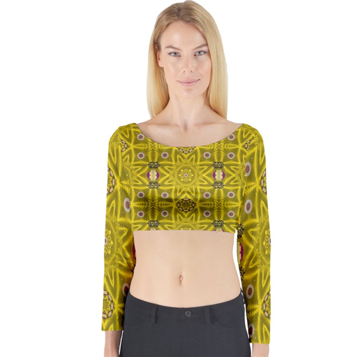 Stars And Flowers In The Forest Of Paradise Love Popart Long Sleeve Crop Top