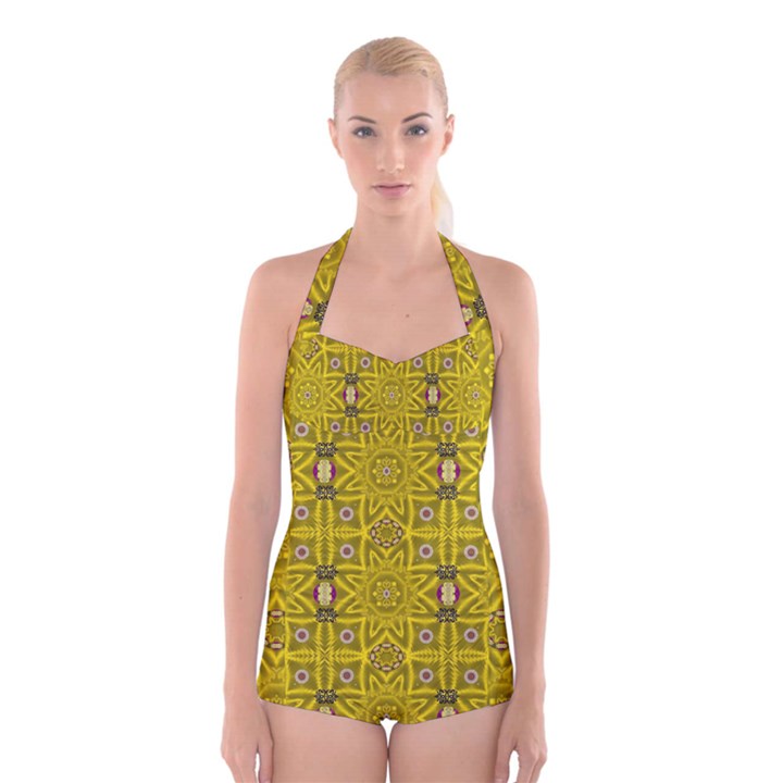 Stars And Flowers In The Forest Of Paradise Love Popart Boyleg Halter Swimsuit 