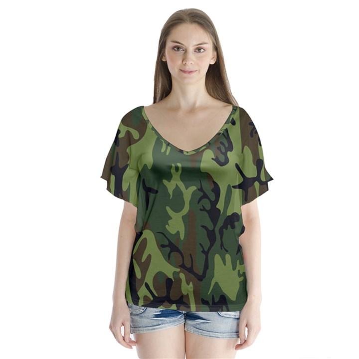 Military Camouflage Pattern Flutter Sleeve Top