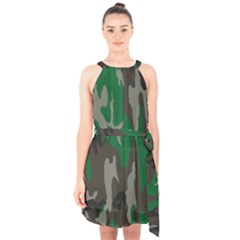 Army Green Camouflage Halter Collar Waist Tie Chiffon Dress by BangZart