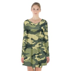 Camouflage Camo Pattern Long Sleeve Velvet V-neck Dress by BangZart