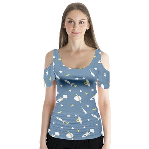 Space Rockets Pattern Butterfly Sleeve Cutout Tee  by BangZart