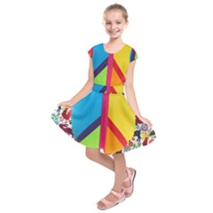 Peace Sign Animals Pattern Kids  Short Sleeve Dress by BangZart