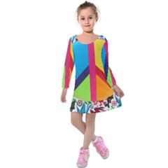 Peace Sign Animals Pattern Kids  Long Sleeve Velvet Dress by BangZart