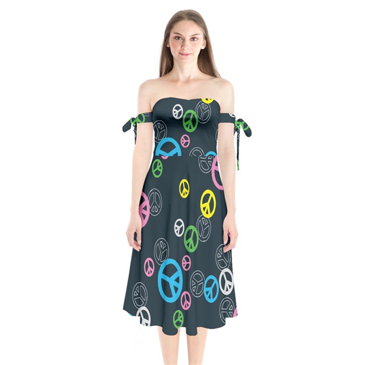 Peace & Love Pattern Shoulder Tie Bardot Midi Dress