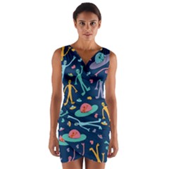 Alien Pattern Blue Wrap Front Bodycon Dress