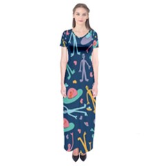 Alien Pattern Blue Short Sleeve Maxi Dress by BangZart