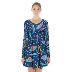 Alien Pattern Blue Long Sleeve Velvet V-neck Dress by BangZart