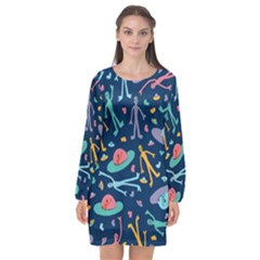 Alien Pattern Blue Long Sleeve Chiffon Shift Dress 