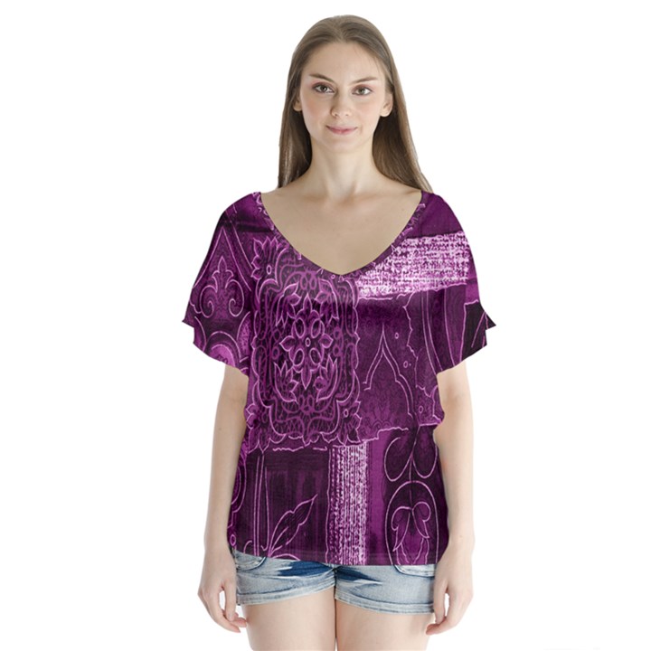 Purple Background Patchwork Flowers Flutter Sleeve Top