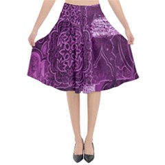 Purple Background Patchwork Flowers Flared Midi Skirt