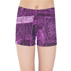 Purple Background Patchwork Flowers Kids Sports Shorts by BangZart