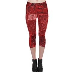 Red Background Patchwork Flowers Capri Leggings  by BangZart