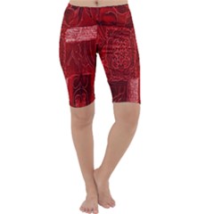 Red Background Patchwork Flowers Cropped Leggings  by BangZart