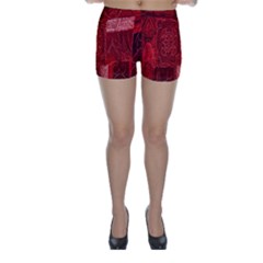 Red Background Patchwork Flowers Skinny Shorts by BangZart