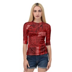 Red Background Patchwork Flowers Quarter Sleeve Tee