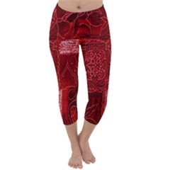 Red Background Patchwork Flowers Capri Winter Leggings  by BangZart