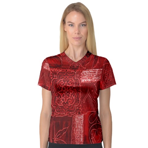 Red Background Patchwork Flowers Women s V-neck Sport Mesh Tee by BangZart