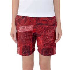 Red Background Patchwork Flowers Women s Basketball Shorts by BangZart