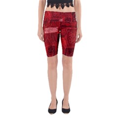 Red Background Patchwork Flowers Yoga Cropped Leggings by BangZart