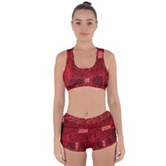 Red Background Patchwork Flowers Racerback Boyleg Bikini Set