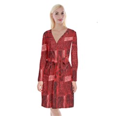 Red Background Patchwork Flowers Long Sleeve Velvet Front Wrap Dress