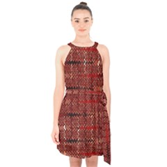 Rust Red Zig Zag Pattern Halter Collar Waist Tie Chiffon Dress